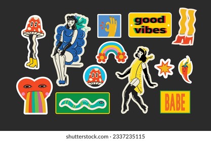 Groovy hippie love stickers set. Comic happy retro girls, geometric stickers, characters in trendy retro 60s 70s cartoon style. Vintage vector illustrations.