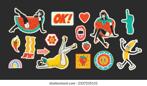 Groovy hippie love stickers set. Comic happy retro girls, geometric stickers, characters in trendy retro 60s 70s cartoon style. Vintage vector illustrations.