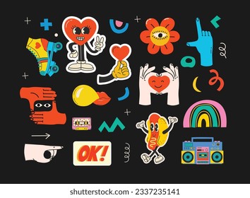 Los engreídos stickers de amor hippie están listos. Chicas cómicas felices retro, pegatinas geométricas, personajes de moda estilo de dibujos retro de los años 70. Ilustraciones vectoriales vintage.