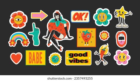 Groovy hippie love stickers set. Comic happy retro girls, geometric stickers, characters in trendy retro 60s 70s cartoon style. Vintage vector illustrations.