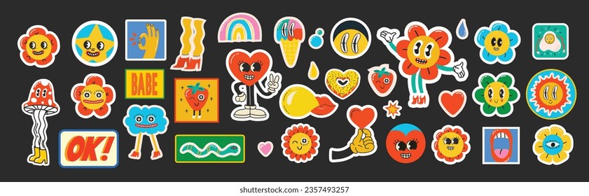 Groovy hippie love stickers set. Comic happy retro flowers, geometric stickers, characters in trendy retro 60s 70s cartoon style. Vintage vector illustrations.