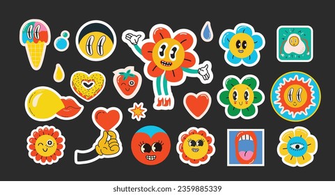 Groovy hippie love stickers set. Comic happy retro flowers, geometric stickers, characters in trendy retro 60s 70s cartoon style. Vintage vector illustrations.