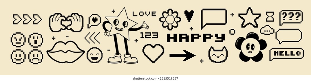 Groovy hippie mascots card set. Comic happy retro faces, pixel icons , geometric stickers, characters in trendy retro 60s 70s cartoon style. Vintage vector illustrations.