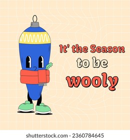 Groovy hippie Merry Christmas and Happy New year. Cute Christmas toy trendy retro style. Vector greeting template, poster, print, party invitation and background. Funky card of comic character. 