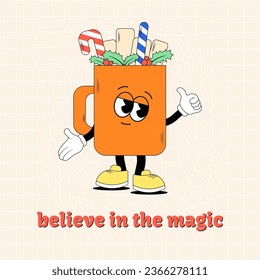 Groovy hippie Merry Christmas and Happy New year. Cute mug trendy retro groovy style. Vector greeting template, poster, print, party invitation and background. Funky card of comic character. 