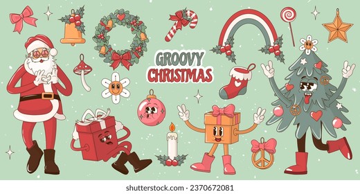 Groovy Hippie Merry Christmas and Happy New year set of cartoon characters and elements. Collection of funny retro stickers: Santa Claus, Christmas tree, gifts, Christmas wreath and other.