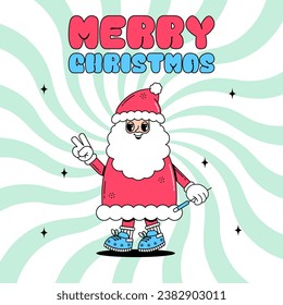 Groovy hippie Merry Christmas and Happy New year card. Cute character Santa Clous in trendy retro style. Funky poster of comic character. Vector art