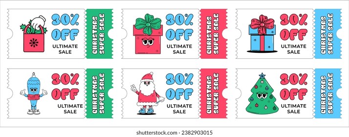 Groovy hippie Merry Christmas and Happy New year set of voucher, ticket and coupon. Sale. Cute characters Santa Clous, gift box, Christmas tree, toy in trendy retro style. Vector art