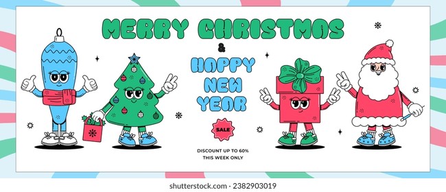 Groovy hippie Merry Christmas and Happy New year card. Sale. Cute characters Santa Clous, gift box, Christmas tree, toy in trendy retro style. Vector art