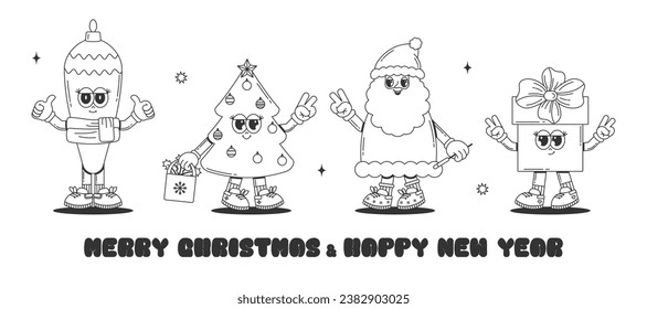 Groovy hippie Merry Christmas and Happy New year. Cute characters tree, toy, santa clous, gift box in trendy retro style. Monochrome art. Vector illustration.