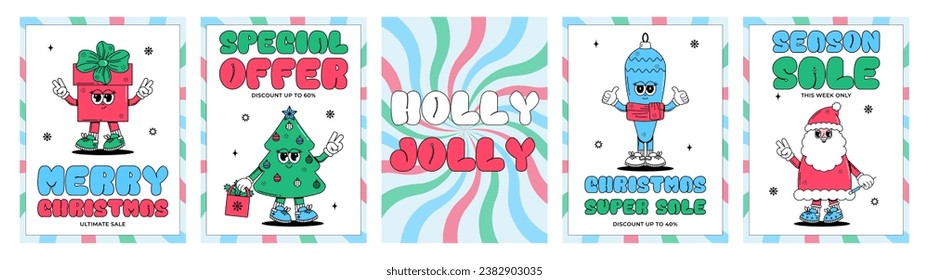 Groovy hippie Merry Christmas and Happy New year set posters. Sale. Cute characters Santa Clous, gift box, Christmas tree, toy in trendy retro style. Vector art