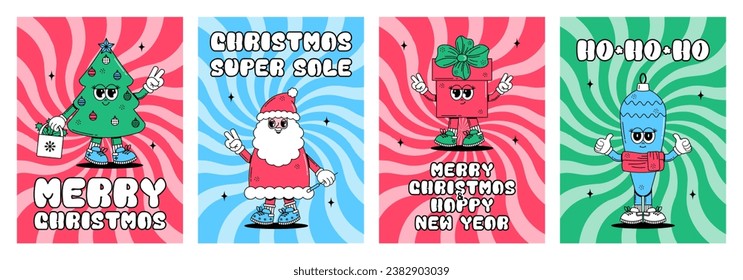 Groovy hippie Merry Christmas and Happy New year set posters. Sale. Cute characters Santa Clous, gift box, Christmas tree, toy in trendy retro style. Vector art