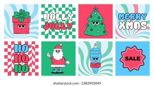 Groovy hippie Merry Christmas and Happy New year set posters. Sale. Cute characters Santa Clous, gift box, Christmas tree, toy in trendy retro style. Vector art