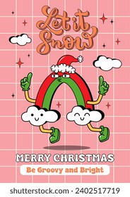 Groovy hippie merry Christmas and Happy New year. Rainbow in trendy retro cartoon style