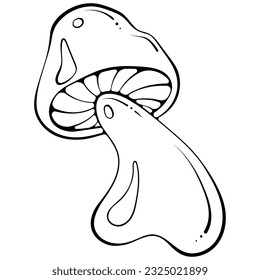 Groovy hippie mushroom. Retro 70s psychedelic funky fungus. Vintage nostalgia vector in hand drawn sketch doodle style. Black line art illustration isolated on white. Print, tattoo, coloring book
