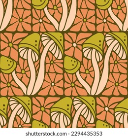 Groovy Hippie Mushrooms Flowers vector seamless pattern. 70s stained glass mosaic flat simple print for fabric. Vector hand drawn illustration.