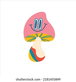 Groovy hippie mushrooms, vintage vector wildflowers. Funk and groove isolated plant elements on a white background. Plants of the 60-70s, naive children's style, doodle style