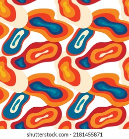Groovy hippie pattern with colorful abstract spots, streaks, blots. Print of the 60s-70s, naive children's style, doodle style