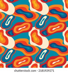 Groovy hippie pattern with colorful abstract spots, streaks, blots. Print of the 60s-70s, naive children's style, doodle style