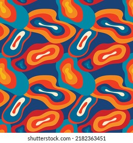 Groovy hippie pattern with colorful abstract spots, streaks, blots. Print of the 60s-70s, naive children's style, doodle style