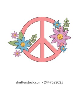 Groovy hippie peace sign with flowers.  Boho floral symbol. Retro 60s, 70s.  