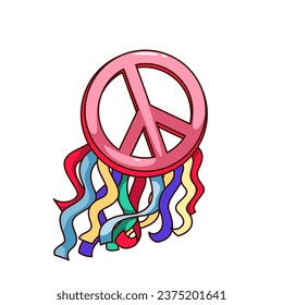 Groovy hippie peace sign vector illustration. Cartoon isolated pink retro hippy symbol of love and peace, circle sticker with varicolored waving ribbons, pacifists psychedelic emblem against war