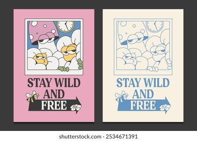 groovy hippie poster or graphic t-shirt design with cute cartoon characters, vector illustration