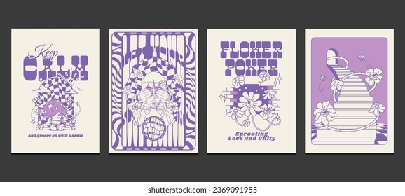 groovy hippie poster with retro psychedelic art, vector illustration