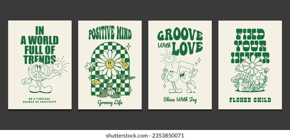 groovy hippie posters 70s, retro posters with cute cartoon characters, vector illustration