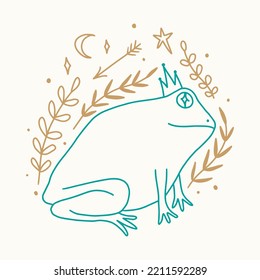 Groovy hippie princess frog or toad vector and jpg printable image, unique boho clipart illustration, goblincore, witchcore, fairycore trendy aesthetic style. Perfect for poster or postcard template