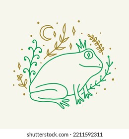 Groovy hippie princess frog or toad vector and jpg printable image, unique boho clipart illustration, goblincore, witchcore, fairycore trendy aesthetic style. Perfect for poster or postcard template