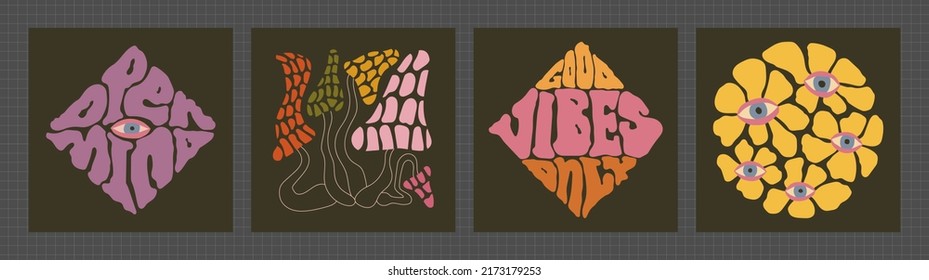 Groovy hippie print set. Psychedelic stickers collection with positive lettering, flowers, mushrooms. Flat melting organic shapes, retro color pallete and good vibes only.