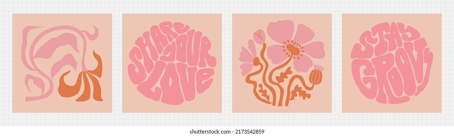 Groovy hippie print set. Psychedelic stickers collection with positive lettering and flowers. Aesthetic flat melting organic shapes, retro color pallete and funky trippy style.