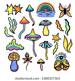Groovy hippie psychedelic clip art and design elements. Colorful vector illustration