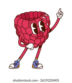 Groovy hippie raspberry berry character. Isolated cartoon vector ripe and healthy retro personage with large eyes, sneakers and cheerful facial expression standing in confident pose with a finger up