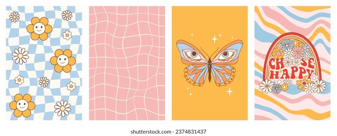 Groovy hippie retro 70s posters. Set of naive greeting card. Hallucinogen butterfly, funny cartoon flower, daisy, motivational typography etc. Choose Happy. Vector design on Y2k aesthetic backgrounds.