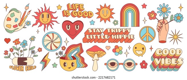 Groovy hippie retro 70s set. Cartoon flower, rainbow, peace, Love, heart, daisy, etc. Sticker pack in trendy retro psychedelic cartoon style. 