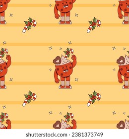 Groovy Hippie Retro Christmas seamless pattern with cartoon characters hot cup cocoa on yellow background with striped caramel and holly. Merry Christmas and Happy New year vector background