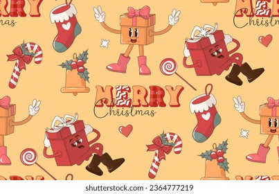 Groovy Hippie Retro Merry Christmas festive seamless pattern with gifts, sock, candies, bell, and text. Digital paper repeating background for wrapping paper, stationery, wallpaper.