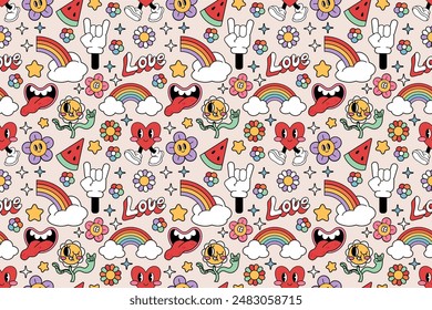 Groovy hippie retro pattern. Cartoon rainbow, flower, peace, love, heart and daisy. Seamless pattern in trendy 70s psychedelic cartoon style. Isolated vector hand drawn illustration. 