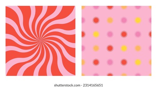 Groovy hippie retro patterns. Waves, swirl twirl