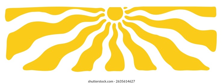 Groovy, hippie, sol retrô. Abstrato mão desenhada verão rabiscar raios de sol. Cartaz ondulado de explosão do sol, banner, modelo vetorial.