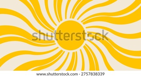 Groovy, hippie, retro sun background. Abstract hand drawn doodle sunshine shapes in trendy childishly, naive art style. Horizontal wavy summer poster, banner, vector template.