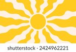 Groovy, hippie, retro sunny background. Abstract hand drawn doodle sunshine shapes in trendy childishly, naive art style. Contemporary summer poster, banner, vector template.
