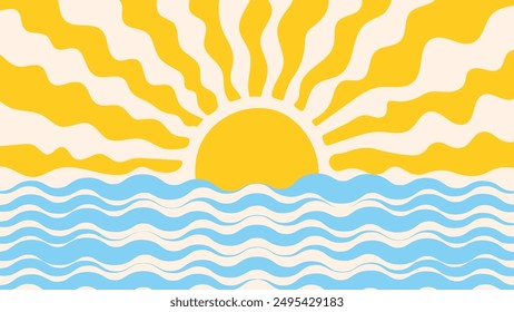 Groovy, hippie, retro sunny background. Abstract hand drawn doodle sunshine shapes in trendy childishly, naive art style. Contemporary summer sea, ocean, river poster, banner, vector template.