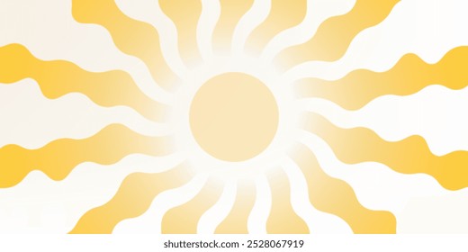 Groovy, hippie, fondo soleado retro. Abstractas Formas de sol de doodle dibujadas a mano en estilo de arte infantil e ingenuo de moda. Cartel de verano contemporáneo, Anuncio, Plantilla de Vector.