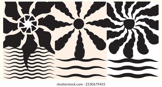 Groovy, hippie, retro sunny background. Abstract hand drawn doodle sunshine shapes in trendy childishly, naive art style. Contemporary summer sea, ocean, river poster, banner, vector template.