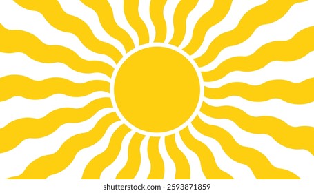 Groovy, hippie, retro sunny background. Abstract hand drawn sunshine shapes in trendy childishly, naive art style. Contemporary summer poster, banner and template.