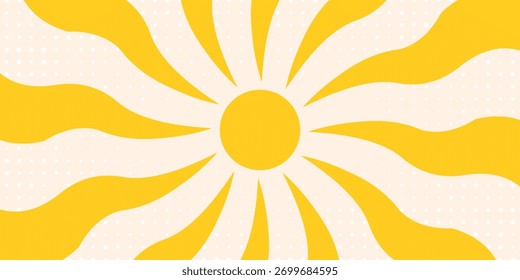 Groovy, hippie, fundo ensolarado retro. Abstrato mão desenhada rabiscar formas de sol em estilo de arte na moda infantil, ingênuo. Cartaz de verão contemporâneo, banner, modelo vetorial.