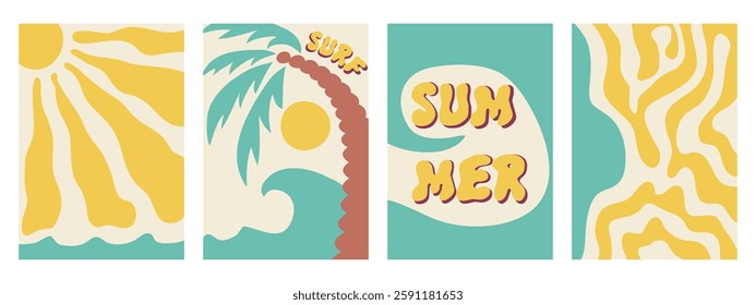 Groovy, hippie, retro sunny poster. Abstract hand drawn doodle wave shapes of palm tree, sun, beach, in trendy childishly naive simple style. Vector illustration of summer backgrounds set